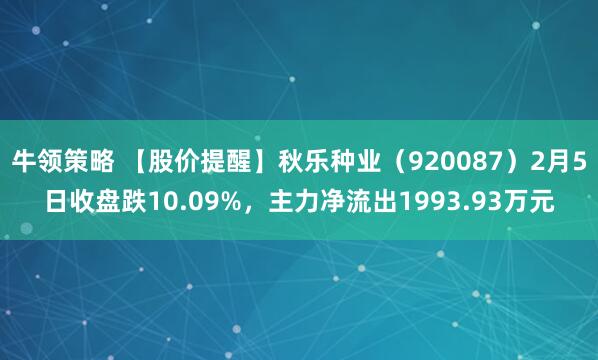 牛领策略 【股价提醒】秋乐种业（920087）2月5日收盘跌10.09%，主力净流出1993.93万元
